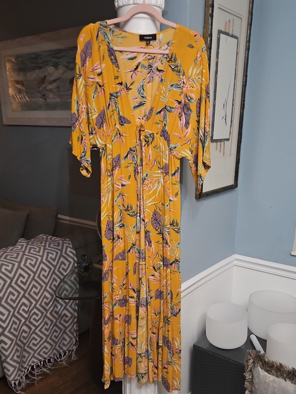 Aakaa - Mustard Floral V-Neck Kimono/Cover-up - Size Medium